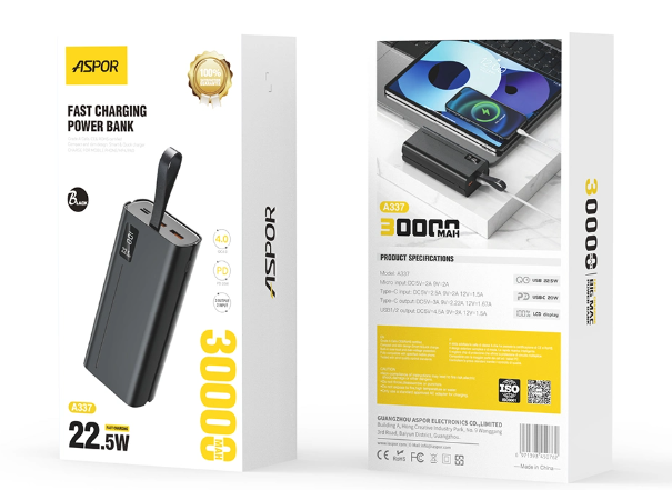 Discover the Aspor A337 PD 20W Fast Charging Power Bank with a massive 30000mAh capacity. Ideal for all your devices, this power bank offers quick charging and portability. Get yours now at SLitems.lk!