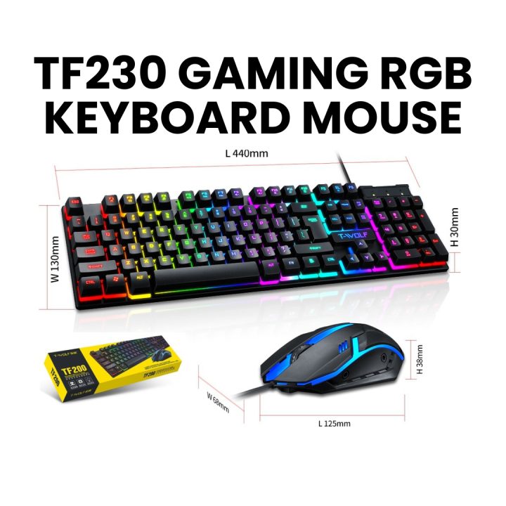 Upgrade your gaming setup with the TF230 T-Wolf RGB Gaming Keyboard and Mouse Kit. Enjoy vibrant RGB lighting and precision control for immersive gaming. Available now at SLitems.lk.